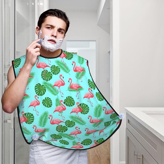 Waterproof Grooming Apron, Non-Stick Beard Bib with Suction Cups, for Green Tropical Palm Banana Leaves Lovely Exotic Bird Pink Flamingo
