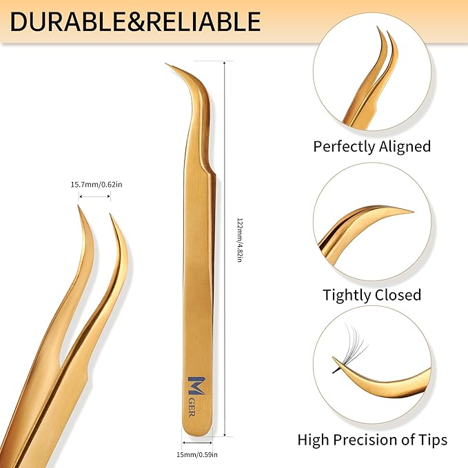 MGER Lash Tweezers for Eyelash Extension-Professional Lashing Tweezers for Mega Volume Mink Eyelashes Extensions Applying, Gold tweezers