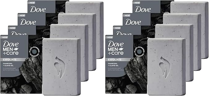 DOVE MEN + CARE Cleansing Bar Soap Charcoal + Clove Oil to Rebuild Skin in the Shower,a 4in1 Hair,Body,Face & Shaving Bar with Plant-Based Cleanser and Natural Oils 5 oz,(Pack of 8)