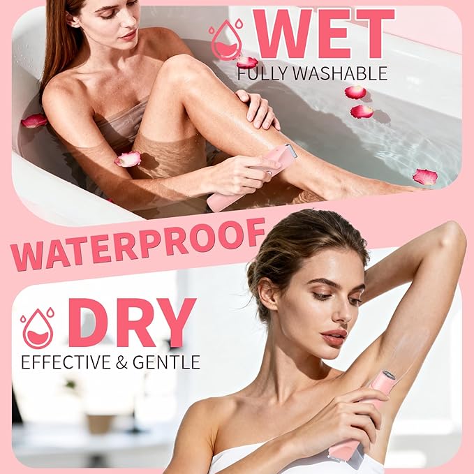 2-in-1 Electric Shaver & Bikini Trimmer with LED Display for Women & Men，IPX7 Waterproof Wet/Dry Electric Razor with Dual Head, Rechargeable Painless Body & Facial Hair Remover (Pink)