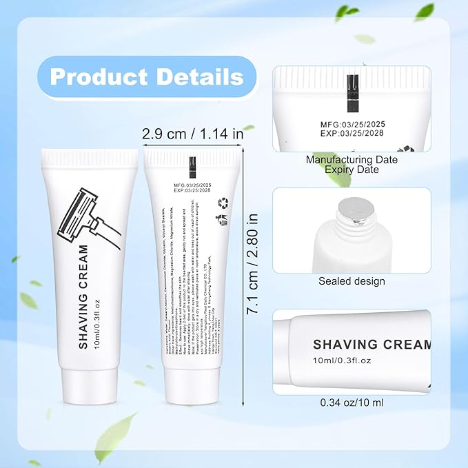 Shaving Cream Bulk, 10ml/0.35fl Oz Travel Shaving Cream, Individually Packaged, Suitable For Travel, Hotel, Home, Camping, Charity, Homelessness (100-PACK)