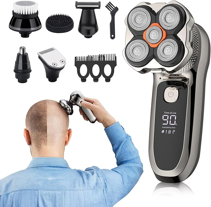 Electric Razor for Head,VoltPanther Head Shavers for Bald Men,Magnetic Detachable Bald Head Shaver,IPX6 Waterproof Wet Dry Razors for Men,LED Display Rechargeable 5D Rotary Shaver with Type C Charge