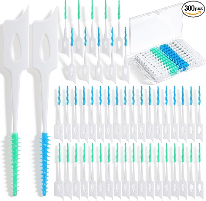 Dental Floss Picks, 300 Pcs Dual-Use Interdental Brushes Soft Silicone Disposable Dental Picks Dual-Ended Toothpick Braces Brush for Effective Teeth Cleaning (Green + Blue)