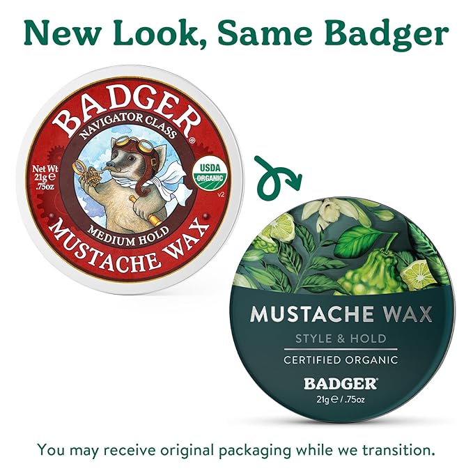 Badger Mustache Wax, Medium Hold, Light Masculine Scent, Easy to Apply, Certified Organic Versatile Moustache & Beard Wax, .75 oz Tin, 2-Pack