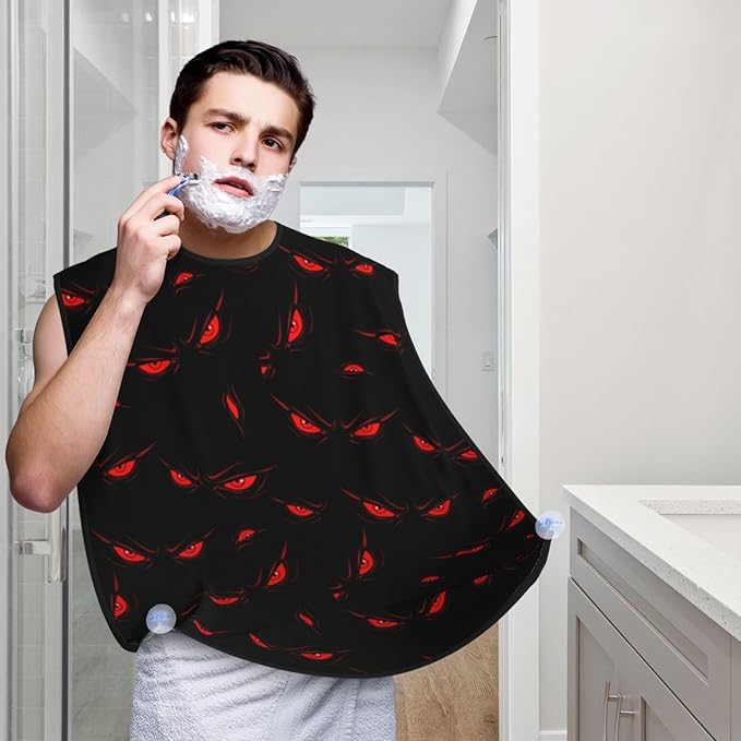 Adjustable Beard Bib, Non-Stick Hair Catcher Cape for Men's Shaving, Waterproof with 2 Suction Cups, Evil Red Eyes Shave Bib