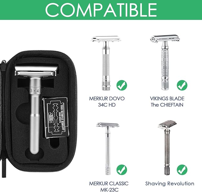 Linkidea Hard Shell Travel Case with Shaving Kit Storage for Short/Long Handled Razor Blades and Attachments - Compatible with Double Edge Safety Razors