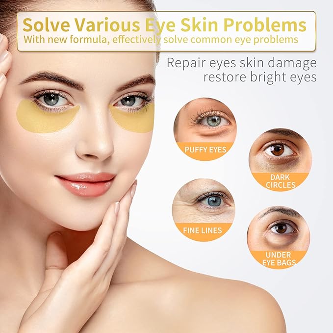 24K Gold Under Eye Patches - 60 Pack for Puffy Eyes, Dark Circles, Bags & Wrinkles with Collagen & Hyaluronic Acid - Eye Care Pads for Daily Skincare (Gold)