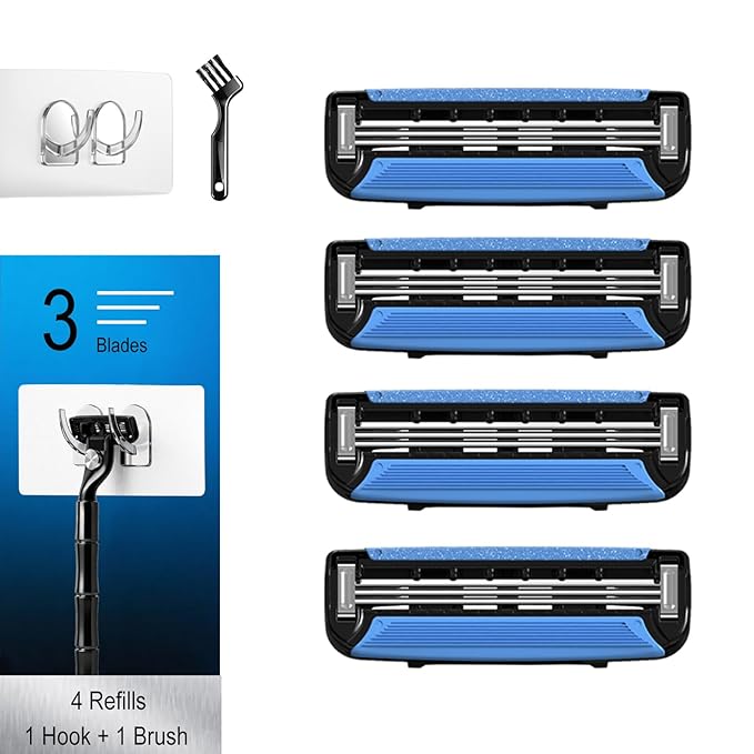 Men's Razor Blade Refills, 4 Count, 3-Layer Ceramic Coated Blades with Lubricating Strip, Matching Handle, Wall Hook & Cleaning Brush Included for Smooth Shaving