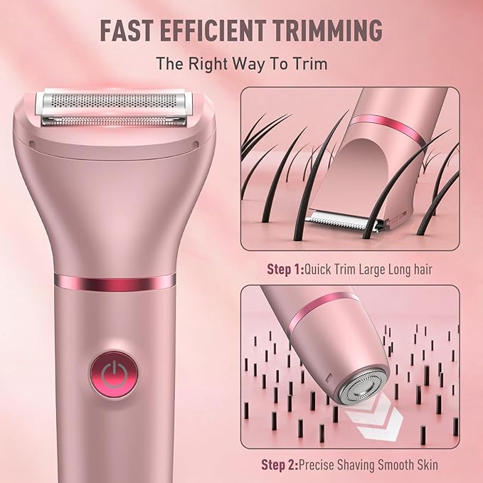 Bikini Trimmer for Women, 3-in-1 Electric Razor for Women, IPX7 Waterproof Rechargeable Cordless Pubic Hair Shaver, with LED Display, for Ladies Bikini Pubic, Face, Underarms, Legs(Rose Gold)