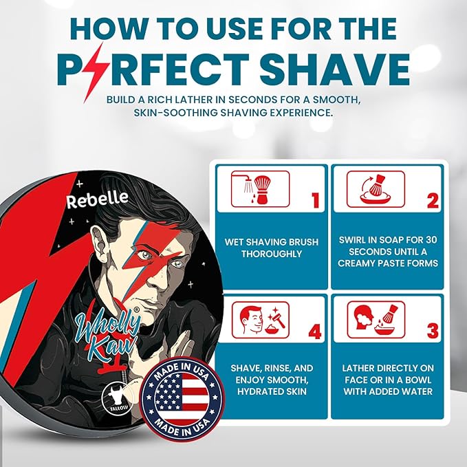 Wholly Kaw Shaving Soap Luxury Dense, Rich & Creamy Lather Tallow Wet Shave Puck Notes of Oud, Leather, Tobacco, Vetiver, Hay. Grooming and Skincare for Men Formulated for Sensitive Skin - Rebelle
