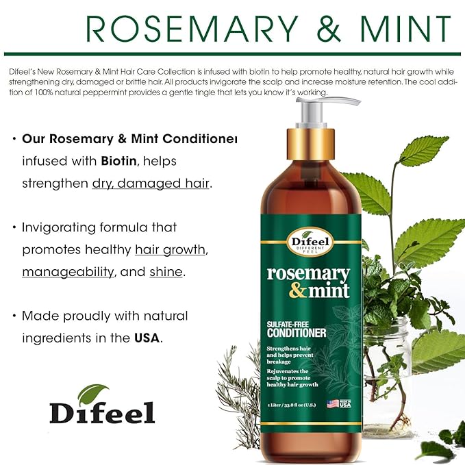 Difeel Rosemary and Mint Hair Strengthening Conditioner with Biotin 33.8 oz. - Made with Natural Rosemary Oil for Hair Growth