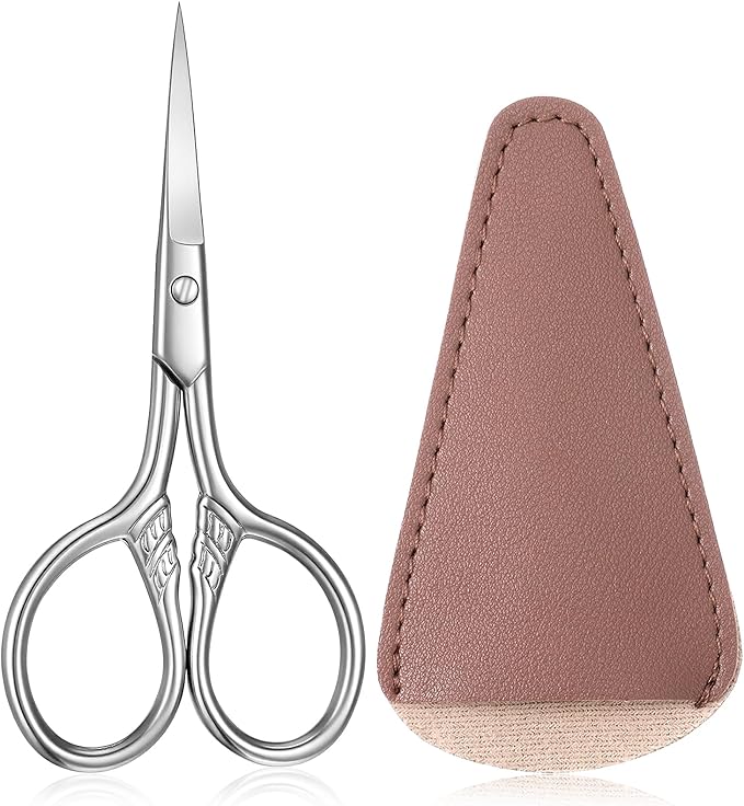 Small Facial Hair Scissors Precision Stainless Steel Nose Hair Scissors Straight Tip Beauty Grooming Kit for Eyebrow Eyelash Beard Nose Trimming Tool with PU Leather Case