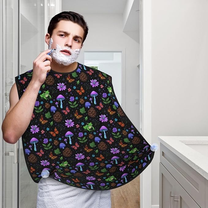 Waterproof Beard Grooming Bib, Goth Moon Frogs Moth Magical Mushroom Leaves Shave Bib, Non-Stick Hair Catcher for Shaving Trimming, Apron Essential for Men Dad