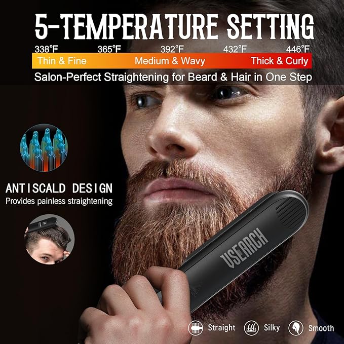 Heated Beard Straightener for Men - 5-Temp Settings & Anti-Scalding Tech, Folding Styling Comb, Compact for Travel, Perfect Grooming Gift for Father's Day, Anniversary & Birthday