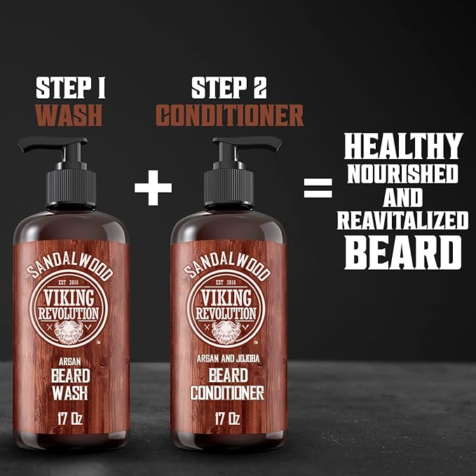Viking Revolution Beard Wash Shampoo w/Argan & Jojoba Oils - Softens & Strengthens - Sandalwood Scent - 17 oz Shampoo (Pack of 2)