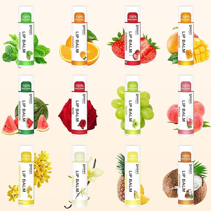 DMSKY 12 Pack Lip Balm, Natural Lip Balm Bulk with Vitamin E and Coconut Oil, Moisturizing Lip Balm for Chapped Lips, Bulk Lip Balm for Women-12 Flavors