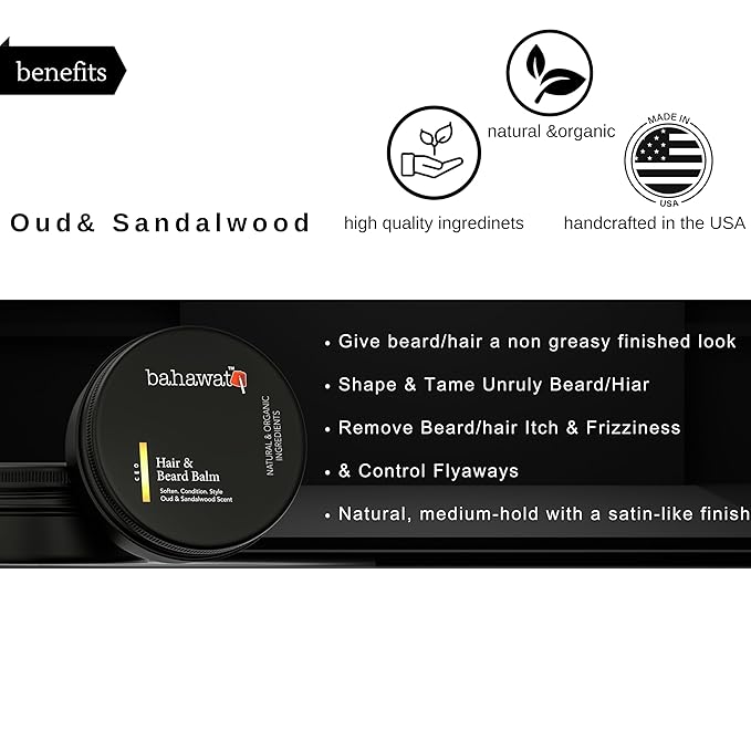 BAHAWAT Beard Balm Oud & Sandalwood - Styles, Strengthens & Softens Beards - Natural Beard Conditioner- ZERO GRIT Balm - reduces beard itch, 2 ounce