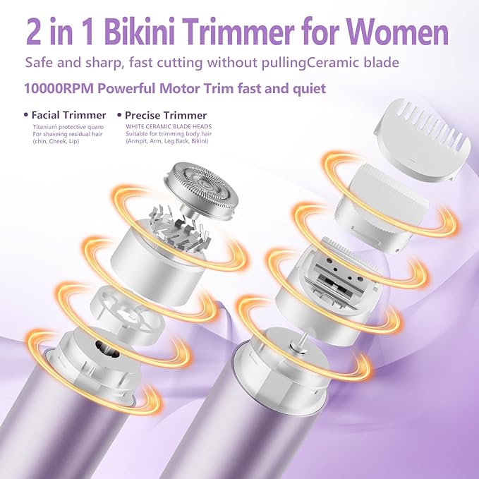 Electric Razors for Women 2 in 1 Women's Bikini Trimmer Body Hair Remover, Dual Head Rechargeable Women Shaver for Face Legs Underarms Pubic Hair, Waterproof Painless, Travel Gifts for Her
