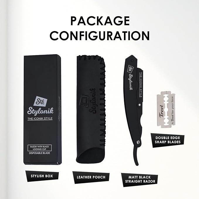 Professional Straight Edge Barber Razor – 60 Single/30 Double-Sided Stainless Steel Blades for Men & Women, with Leather Case (Matt Black)
