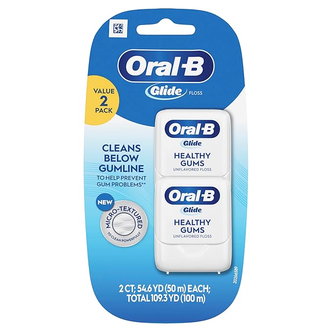 Oral-B Glide Healthy Gums Unflavored Dental Floss, Smooth, Strong, Shred Resistant, Value 2 Pack (50m Each)