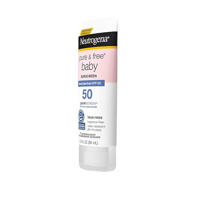 Neutrogena Pure & Free Baby Mineral Sunscreen Lotion with Broad Spectrum SPF 50 & Zinc Oxide, Water-Resistant, Hypoallergenic & Tear-Free Baby Sunscreen, 3 fl. oz, 3 pk
