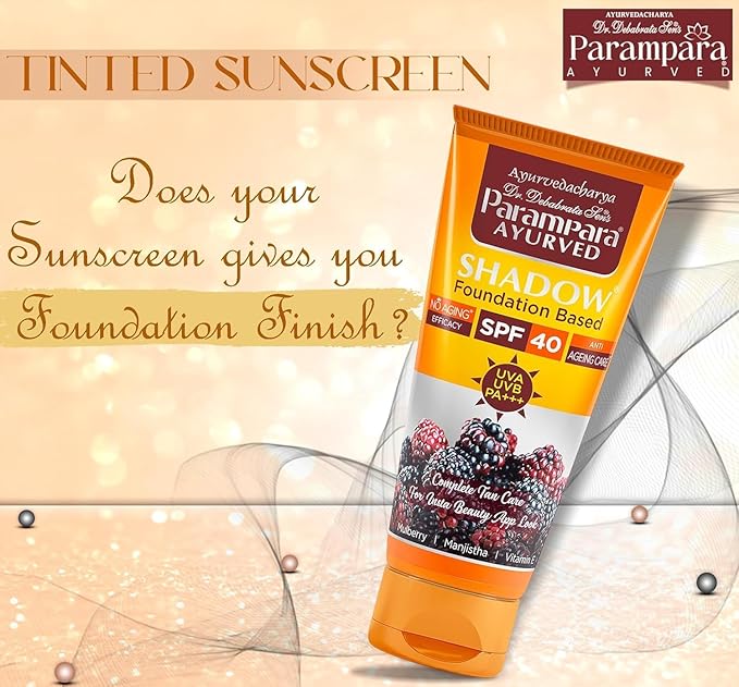 Ayurved Shadow Foundation Based SPF 40 PA+++ Sunscreen Cream | UVA UVB Protection for Face & Body | Water Resistant, Fast Absorbing, Non Greasy, Men & Women | 60ml