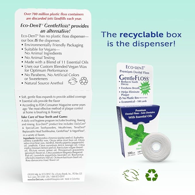 Eco-Dent GentleFloss Dental Floss, Waxed, Mint - Floss with Vegan Plant-Based Wax, Recyclable Cardboard Packaging, 100 Yds Ea (Pack of 6)