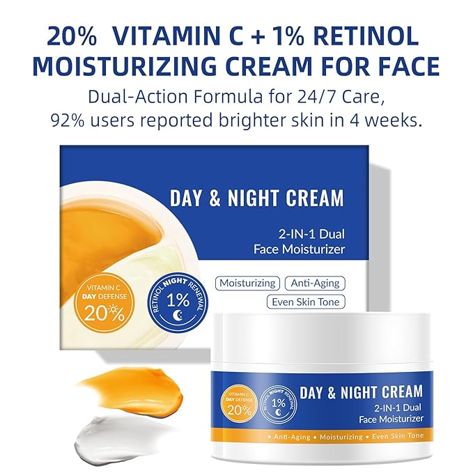 Retinol Vitamin C Cream, Face Moisturizer For Face, 2 In 1 Day & Night Face Moisturizer Cream, Daily Moisturizers, Hydrating Facial Moisturizer For Dry Skin, Lightweight Moisturizer 3.53 OZ