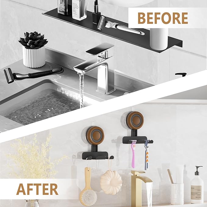 Razor Holder for Shower 2 Pack, Suction Cup Shaver Holder for Wall, Removable&Reusable Suction Cup Hooks for Bathroom, Damage-Free Suction Shower Hooks, Wall Mounted Razor Stand, Black