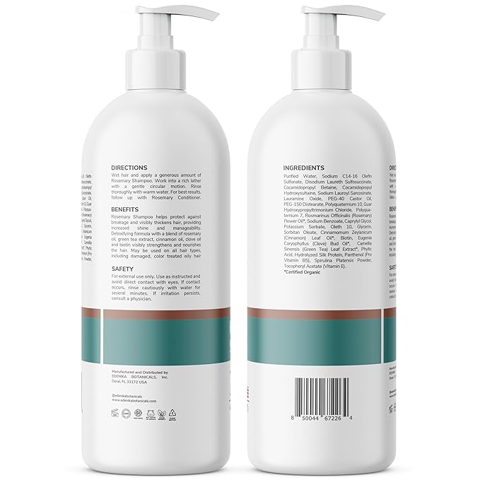 Rosemary Oil Shampoo with Biotin for Thinning Hair & Anti-Hair Loss, Strengthening Botanical Formula, Women & Men, Sulfate-Free, Organic, 16 fl oz