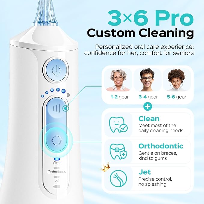 COSLUS C51 Portable Water Flosser for Teeth: 3 Modes & 6 Pressure Settings with Jet Mode Water Dental Pick for Orthodontic, Braces, Sensitive Gums, Compact for Travel, 300ML for Multiple Users, White