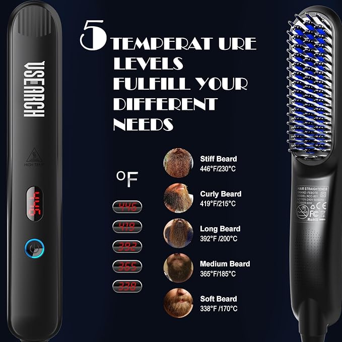 Heated Beard Straightener for Men - 5-Temp Settings & Anti-Scalding Tech, Folding Styling Comb, Compact for Travel, Perfect Grooming Gift for Father's Day, Anniversary & Birthday