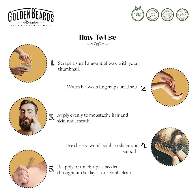 Golden Beards Moustache Wax & Eco Wood Vegan Comb Kit – Medium Hold Wax with Lime Scent & Eco Wood Comb 2.5 in – Handmade, Vegan, Cruelty-Free Moustache Styling Set
