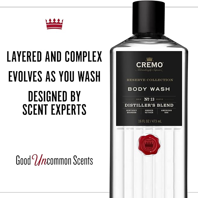 Cremo Rich-Lathering Distiller’s Blend (Reserve Collection) Body Wash, An Elevated Blend with Notes of Kentucky Bourbon, Smoked Vetiver and American Oak, 16 Fl Oz (Pack of 2)