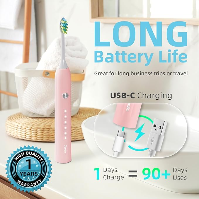 7AM2M Sonic Electric Toothbrush for Adults and Kids, 40000 VPM High-Powered with 4 Brush Heads & 5 Modes, One Charge for 90 Days, 2 Minutes Built-in Smart Timer, Rechargeable Toothbrushes, Pink