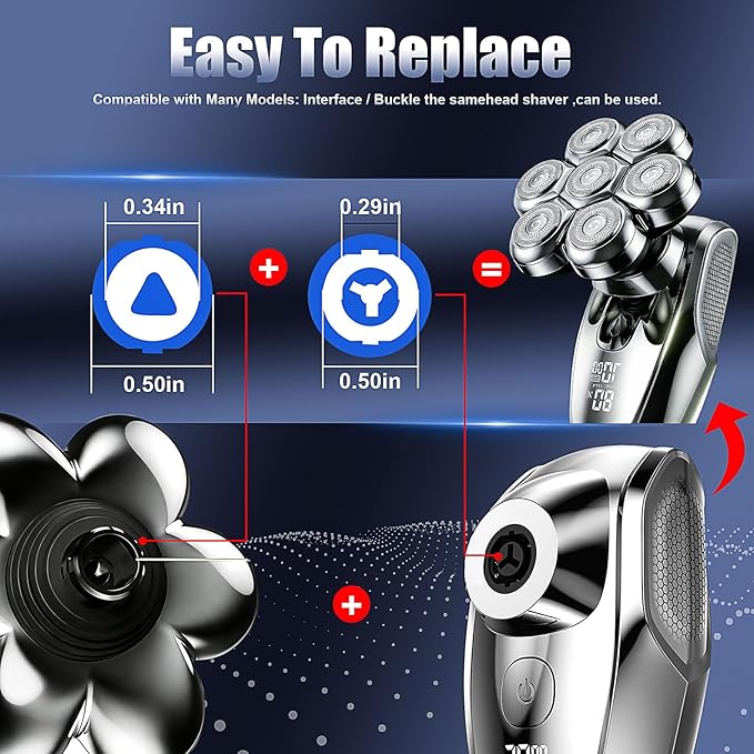7 Head Floating Shaver Replacement Heads for Freebird Head Shaver for Bald Men, Universal Magnetic 7D Head Shavers for SHPAVVER/Wyklaus/Cyruzi Shaver Head