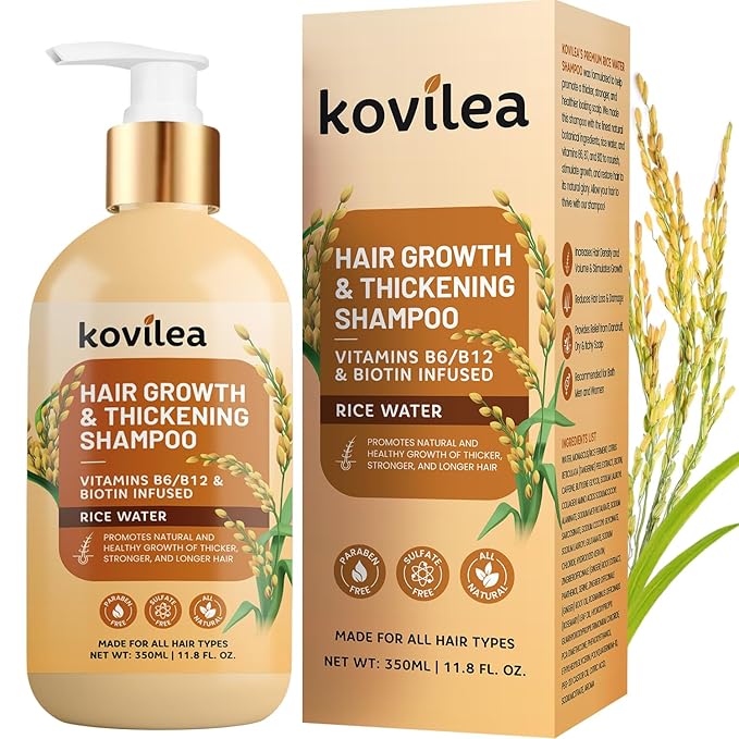 Rice Water Hair Growth Shampoo, Natural Rice Water Thickening & Regrowth Formula for Men & Women - Infused with Biotin, Castor Oil, Rosemary, For Weak, Brittle, Thinning Hair & All Hair Types 11.8 Oz
