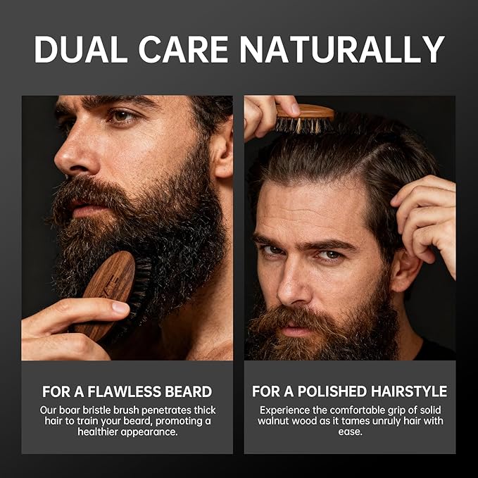 Walnut Wood Beard Brush & Small Boar Bristles Brush Bundle for Men, Beard Grooming & Hair Styling Quiff, Straightens & Promotes Beard Growth - Works with Beard Oils and Balms