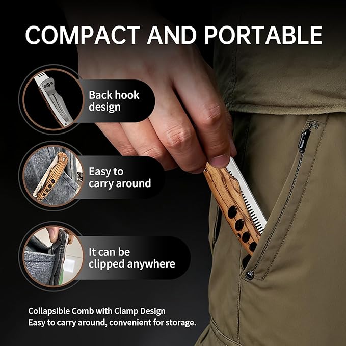 1PC Small Folding Pocket Beard & Mustache & Hair Styling Comb for Men - Metal Tactical Grooming Tool with Wooden Handle, with 180° Rotatable for Outdoor Travel & Home Use - Length 6.57inch