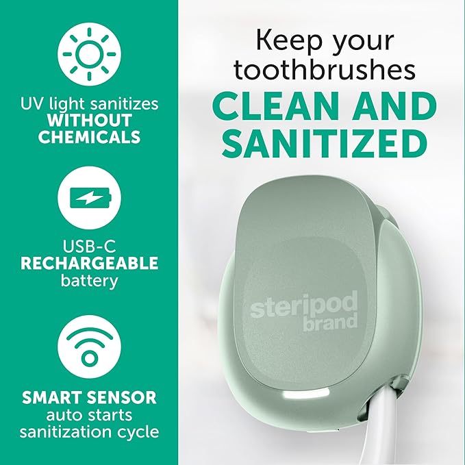 Steripod Brand Portable UV Toothbrush Sanitizer Clip, Reduces Harmful Microorganisms, Rechargeable, Sage, 1 Count