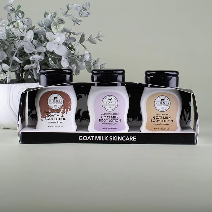 Dionis Goat Milk Scented Body Lotion Travel Size 2 oz Lavender Blossom, Vanilla Bean & Creamy Coconut & Oats 3-Piece Gift Set