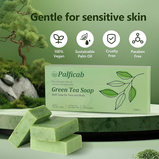 Green Tea Soap, Moisturizing Bath Soap Bars, Cruelty-Free, Gentle Exfoliating for Hydrating & Nourishing Skin with Green Tea Leaves, Coconut Oil, Shea Butter, Gifts for Women Men, 3 Bars
