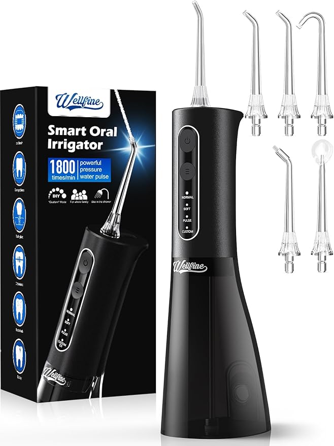 WELLFINE Water Dental Flosser Teeth Pick: Portable Cordless 4 Modes Flossers Pic 300ML Rechargeable Floss Pik Powerful IPX7 Waterproof Oral Irrigator for Cleaning Gum Care Braces for Home Travel