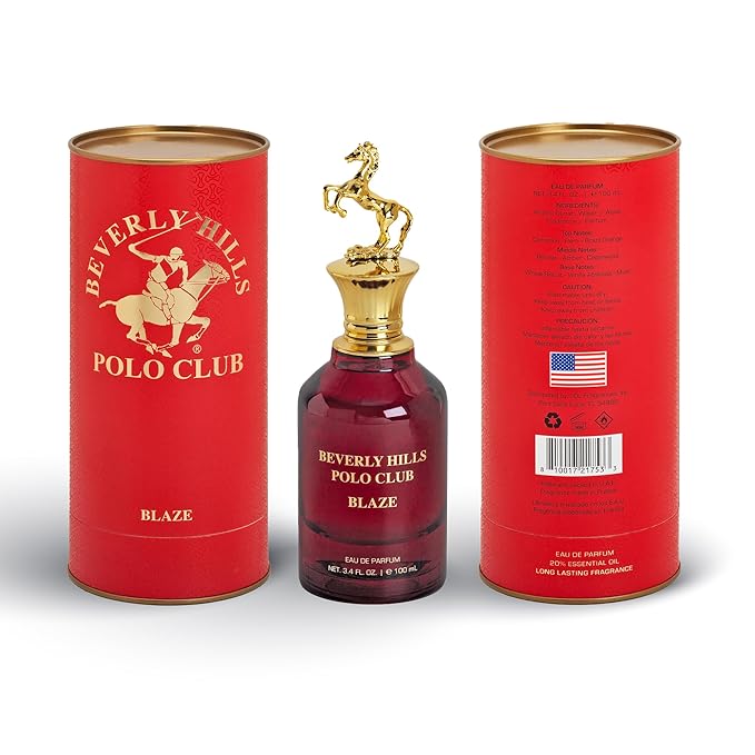 Beverly Hills Polo Club BLAZE Eau de Parfum for Men - 3.4 Fl Oz, Signature Long-Lasting Scent, Iconic Metal Horse Cap, Luxury Gift Box