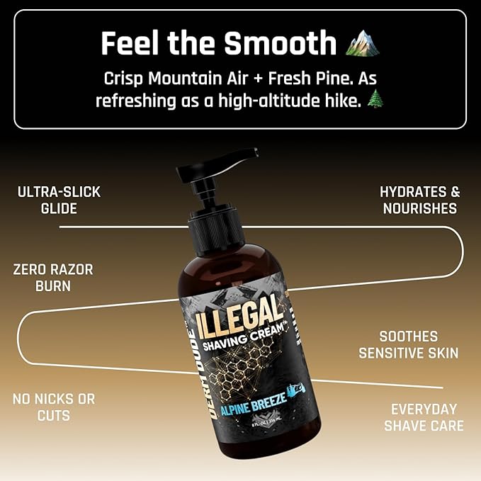 Derm Dude Illegal Shave Cream for Men | Ultra-Slick Shaving Cream for Sensitive Skin | Fights Razor Burn, Bumps, Nicks & Cuts | Smooth Glide Formula – Alpine Breeze Scent, 8oz