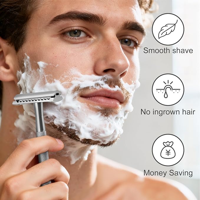Safety Razor for Men & Women - Double Edge Single Blade Razor with 10 Blades, Reusable One Blade Razor for Close Shave (Mens & Womens Razor, Eco-Friendly)-silver