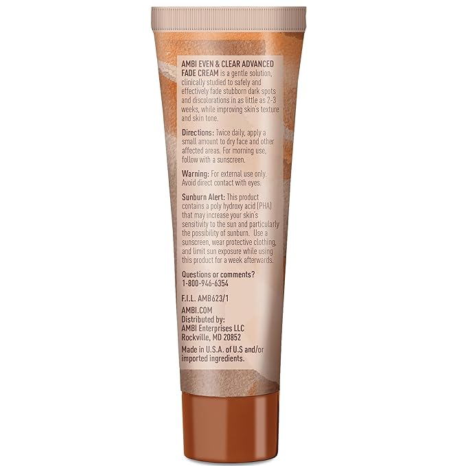Ambi Even & Clear Advanced Fade Cream, Hydroquinone-free, Hyperpigmentation Treatment, Stubborn Dark Spot Corrector, Results In As Little As 2-3 Weeks, Niacinamide, Licorice Root Extract, PHA, 1 Fl Oz