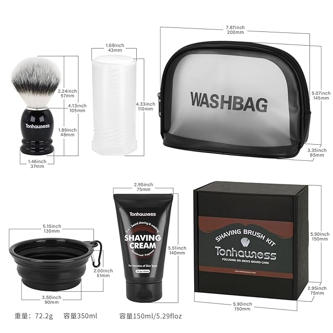 Travel Shaving Brushes Kit For Men, 5 In 1 Shaving Brush Set With Nylon Bristle Shave Brush, Shave Brushes Travel Case, Shaving Cream, Foldable Shaving Bowl and Washbag For Trip, Holiday