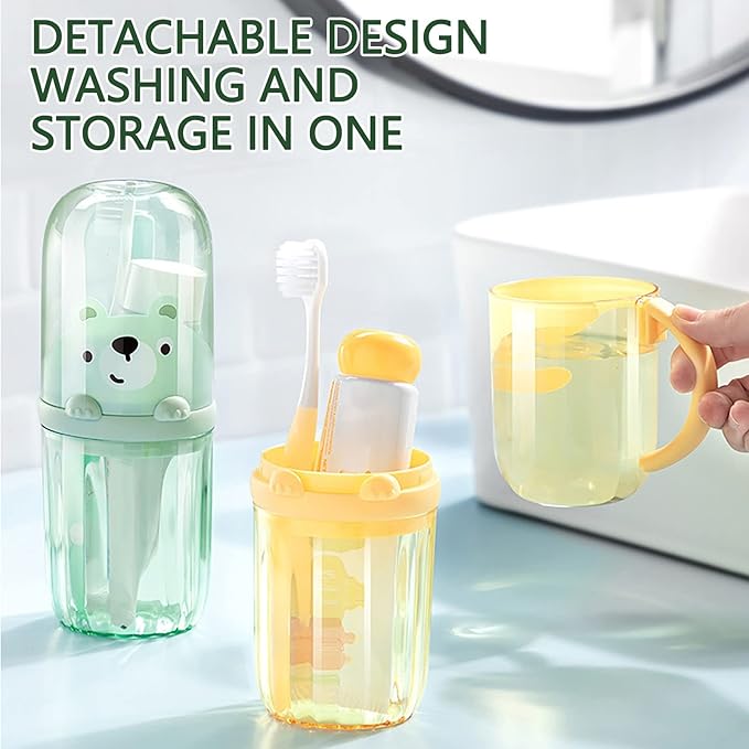 Cute Portable Toothbrush Holder Plastic Toothbrush Travel Case for Kids with Detachable Handle Multifuction Toothbrushes Toothpaste Storage Box Set for Camping Travel or Daily Use (Green)