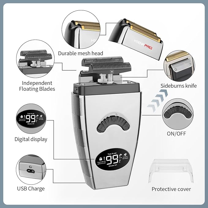 HIENA PRO Reciprocating Foil Shaver for Men, Professional Bald Precision Trimmer and Beard Trimmer, Electric Foil Shaver with USB Charging, Grooming Tools, Gifts for Men(Silver)